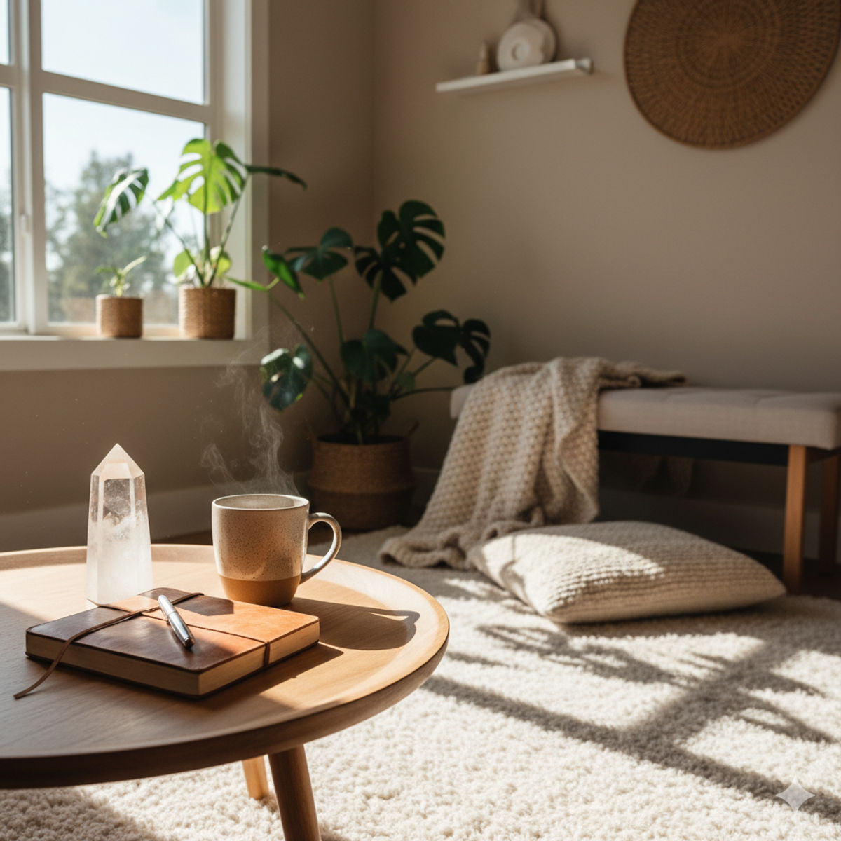 Routine matinale de méditation avec quartz clair et lumière naturelle
