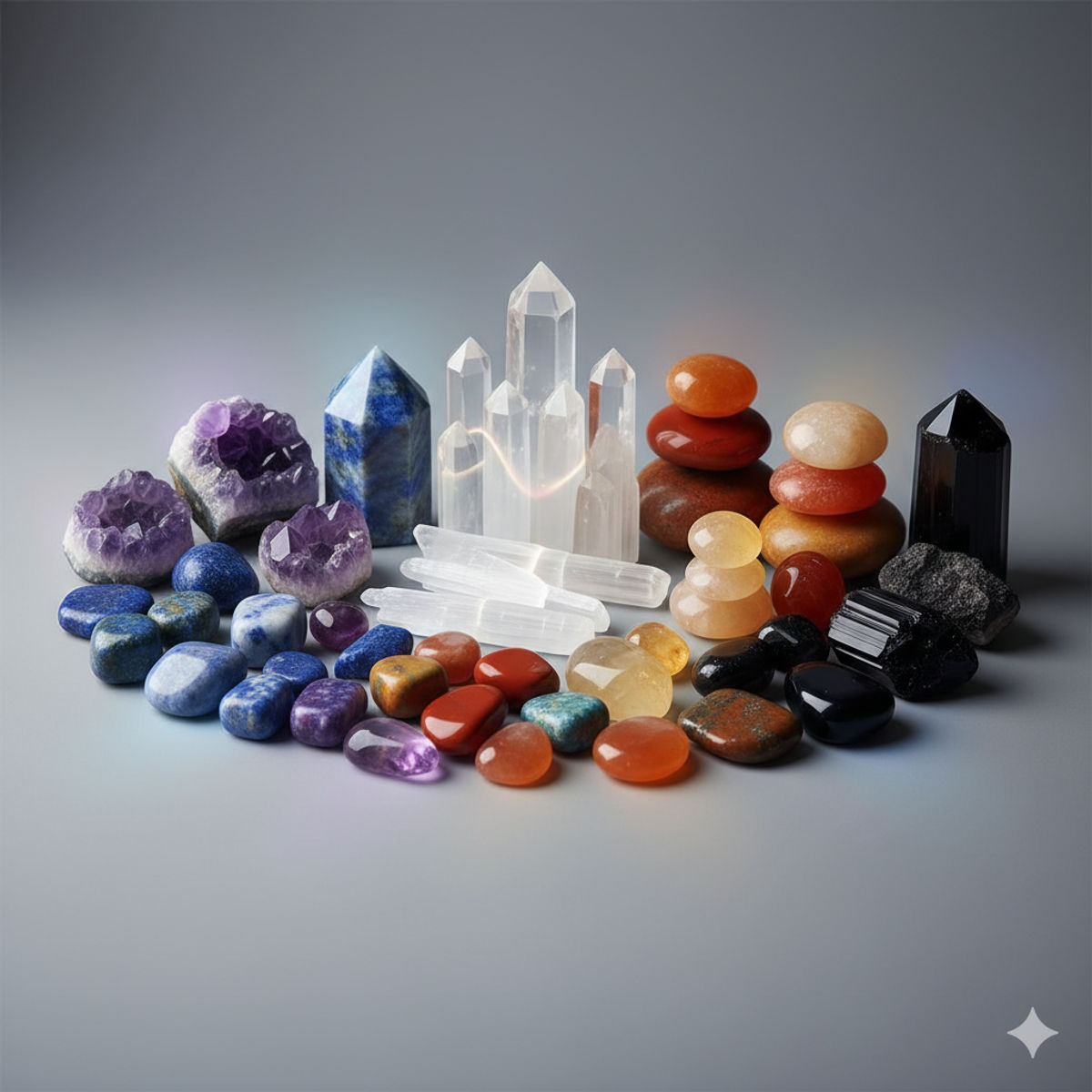 Variété de cristaux et pierres naturelles montrant leurs différentes couleurs et formes pour disposition dans la maison