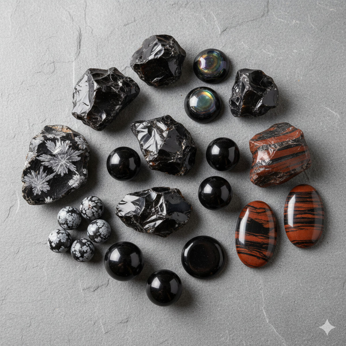Variétés d'obsidienne présentant différentes couleurs et motifs naturels