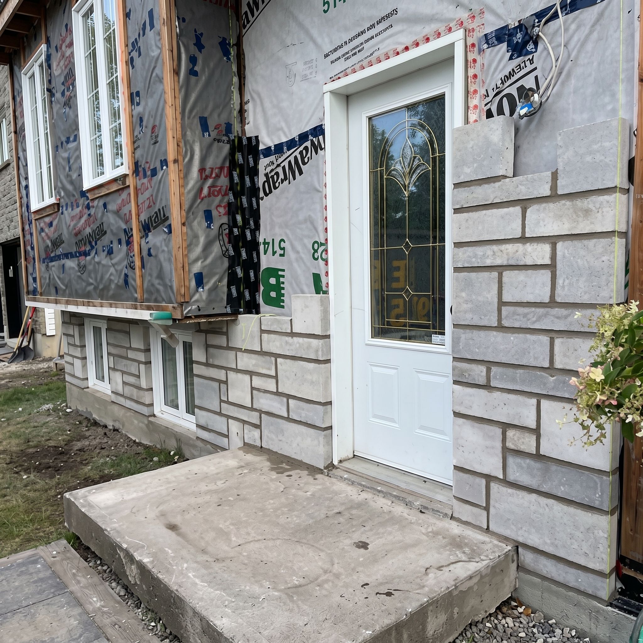 Completed masonry work on a home exterior