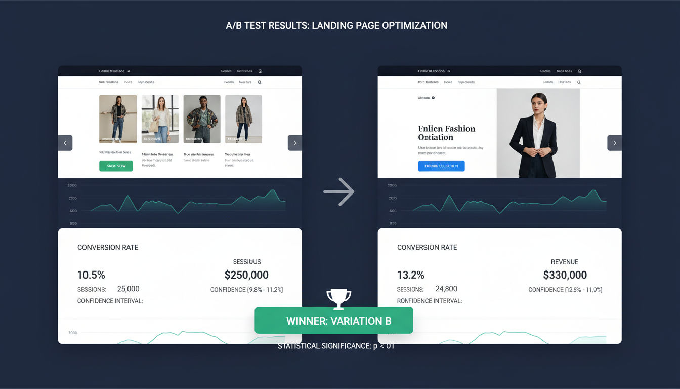 A/B testing framework showing test variations and statistical validation results
