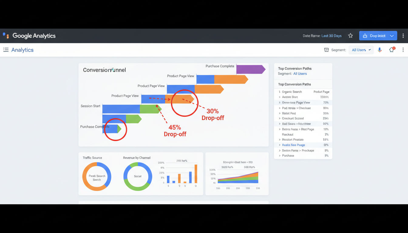 Analytics dashboard displaying conversion tracking data and funnel analysis for CRO insights