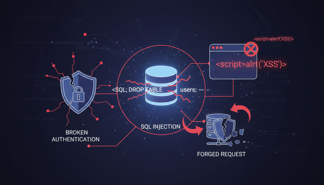 Common web application security threats including SQL injection, XSS, and CSRF attacks
