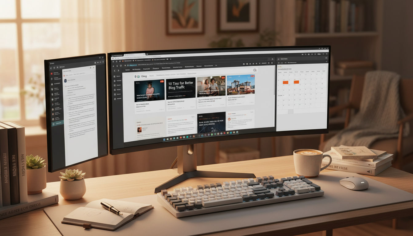 Content marketing workspace showing blog writing and content strategy planning