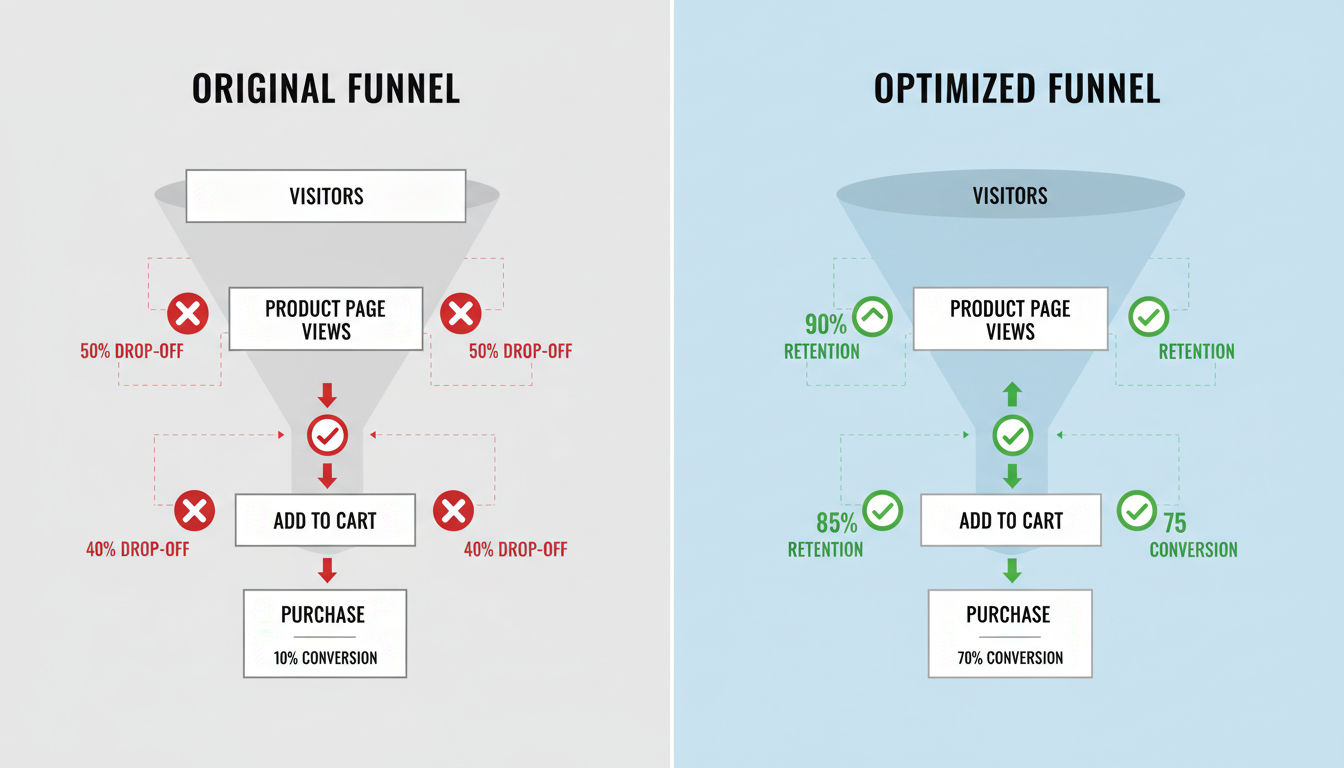 Conversion funnel diagram illustrating user journey and drop-off points in CRO process