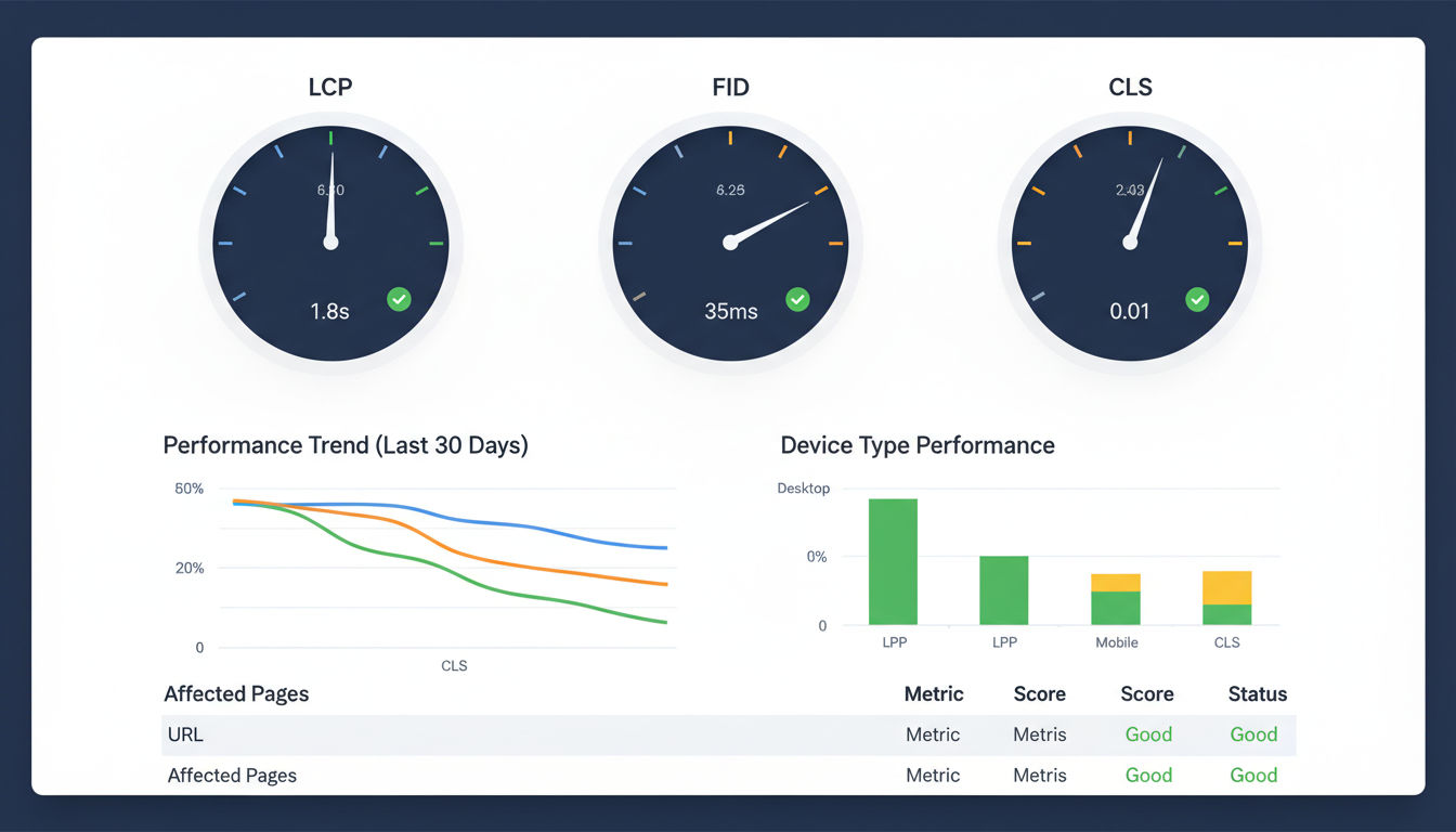 Core Web Vitals performance metrics dashboard showing LCP, FID, and CLS measurements
