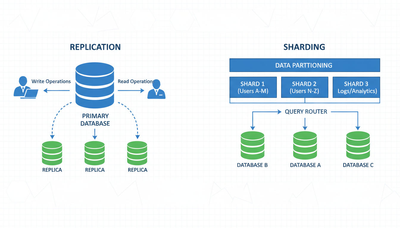 Database scaling patterns including replication and sharding strategies