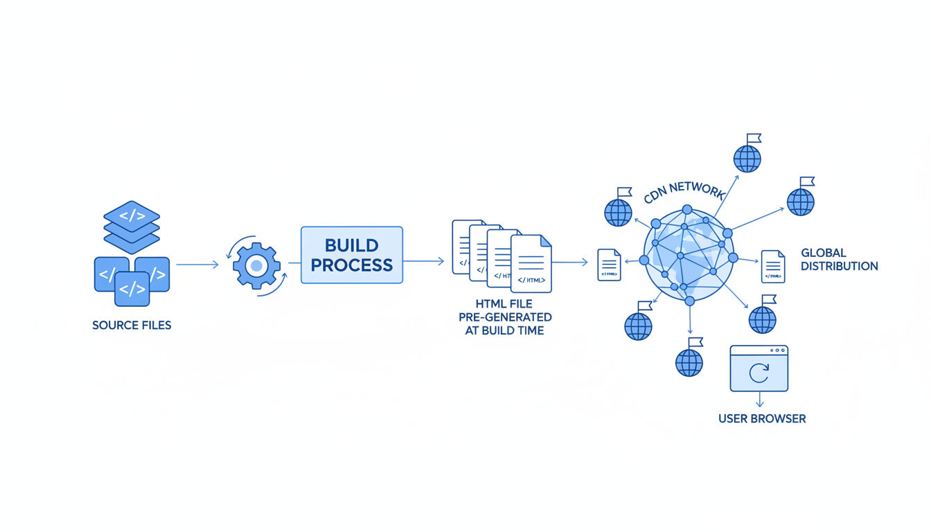 Diagram showing how Static Site Generation pre-renders pages at build time