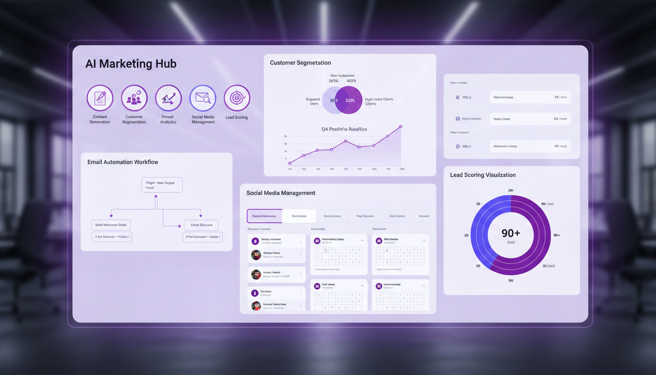 Essential AI marketing tools and features including content generation, analytics, and automation