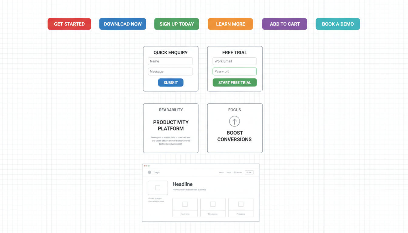 Essential conversion design elements including CTAs, forms, and landing page layouts