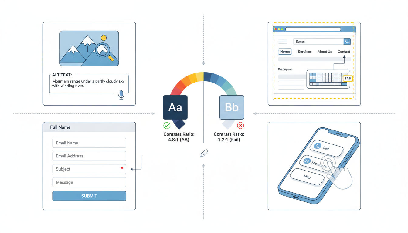 Essential WCAG compliance requirements including text alternatives, keyboard navigation, color contrast, and accessible forms
