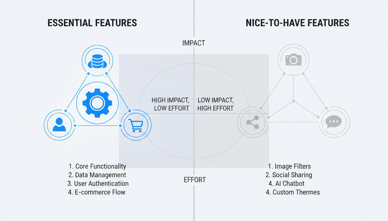 Feature prioritization framework showing essential versus nice-to-have features for MVP