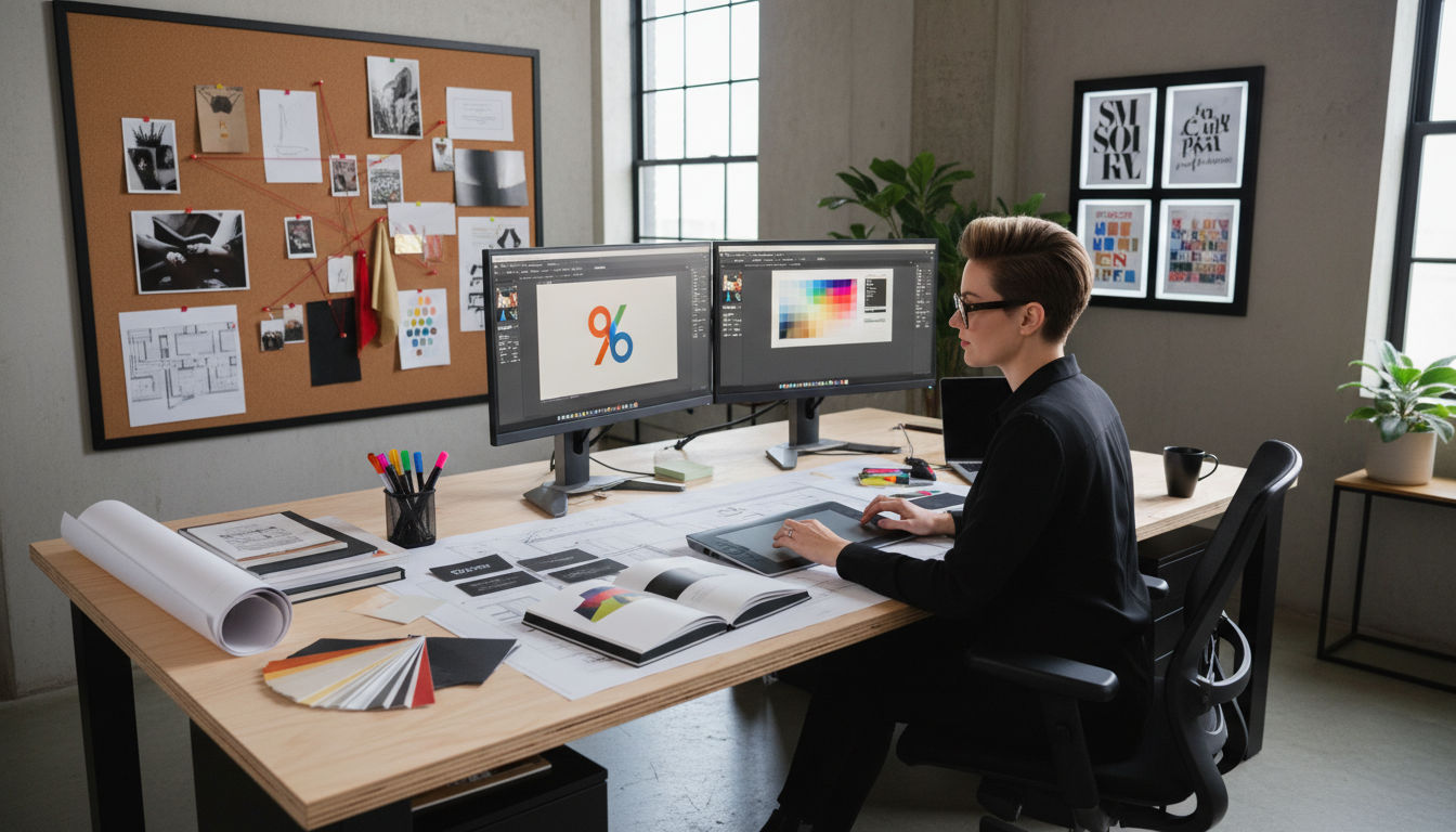 Graphic designer creating brand identity and marketing materials