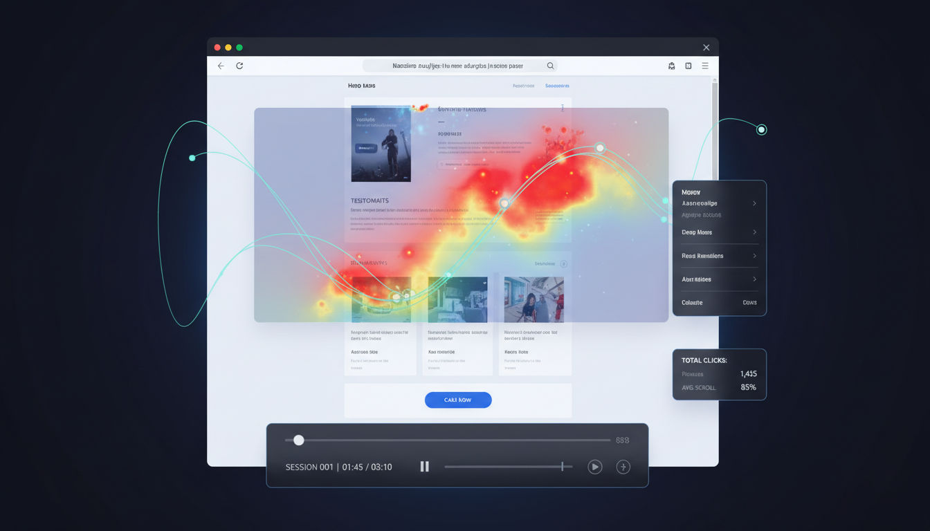 Heatmap and user behavior analytics showing click patterns and scroll depth on website