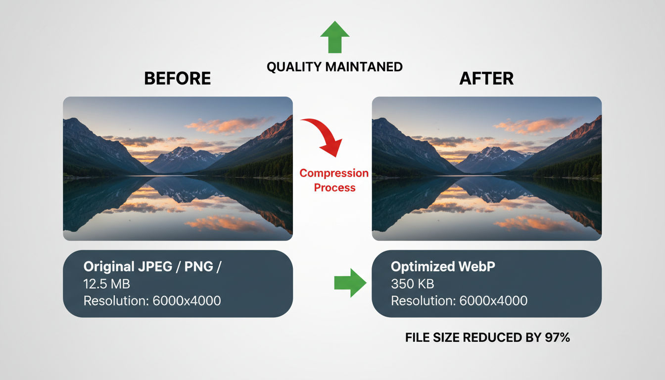 Image optimization showing compression techniques and modern WebP format conversion