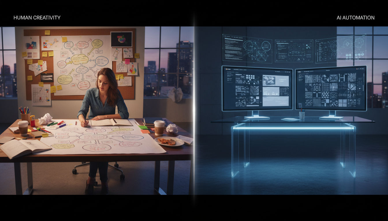 Key differences between graphic design and AI showing creative thinking versus automated pattern generation