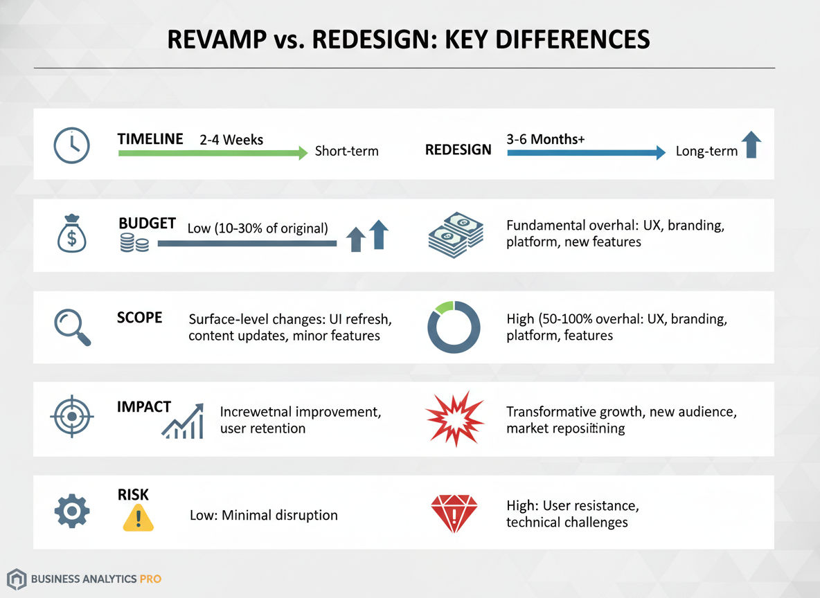 Key differences between website revamp and redesign comparison chart