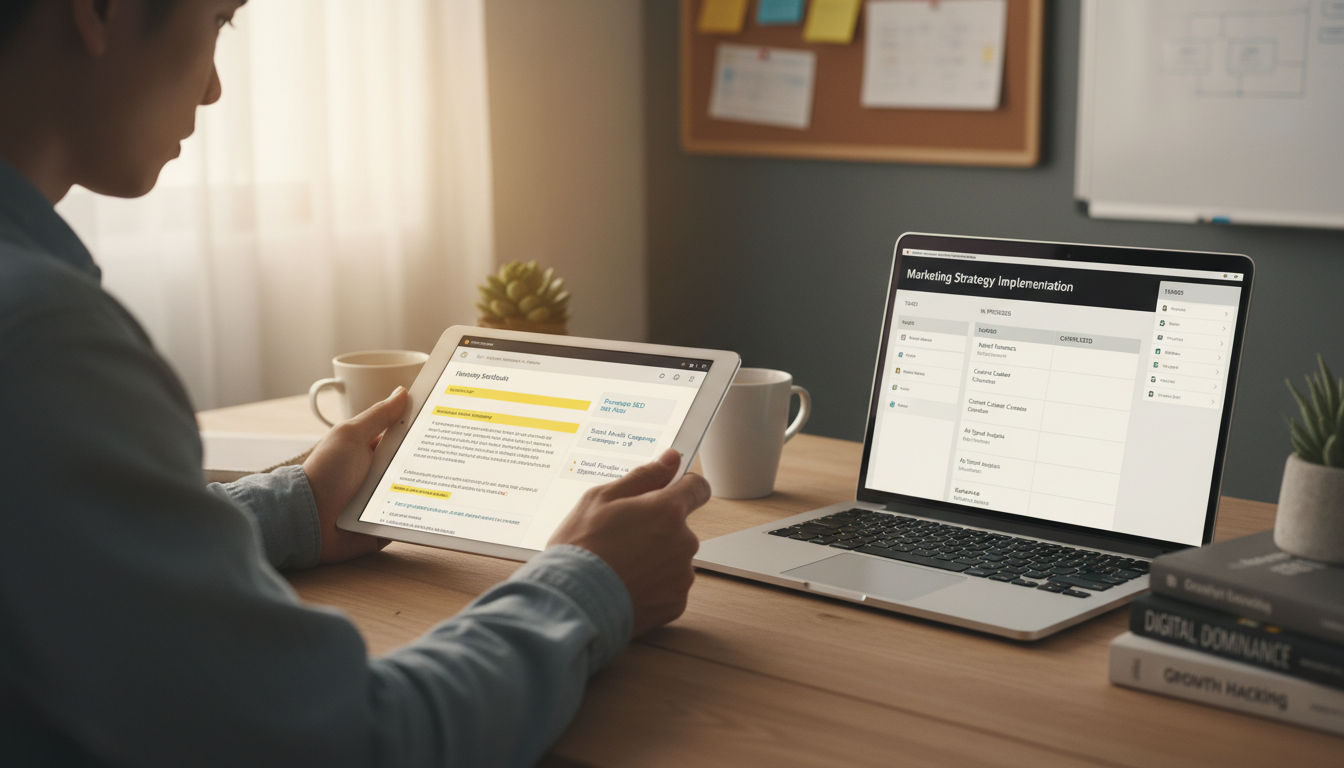 Marketer actively reading and implementing insights from marketing blogs