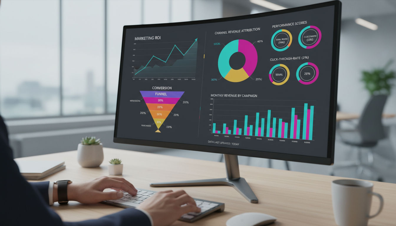 Marketing analytics dashboard displaying ROI and performance tracking metrics