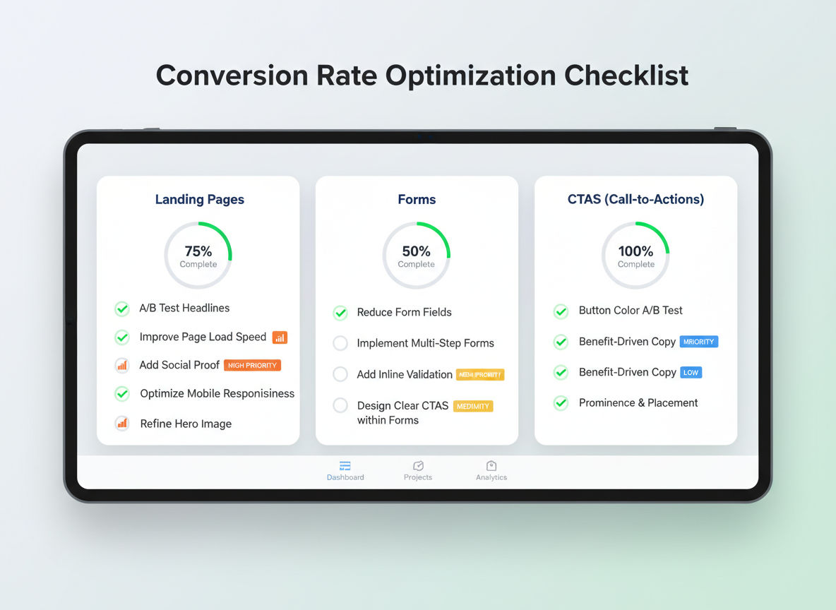 Optimization checklist showing landing page, form, and CTA optimization items