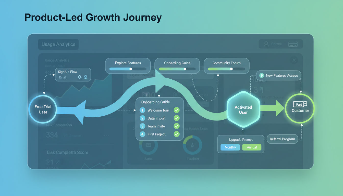 Product-led growth strategies showing freemium model and user conversion path