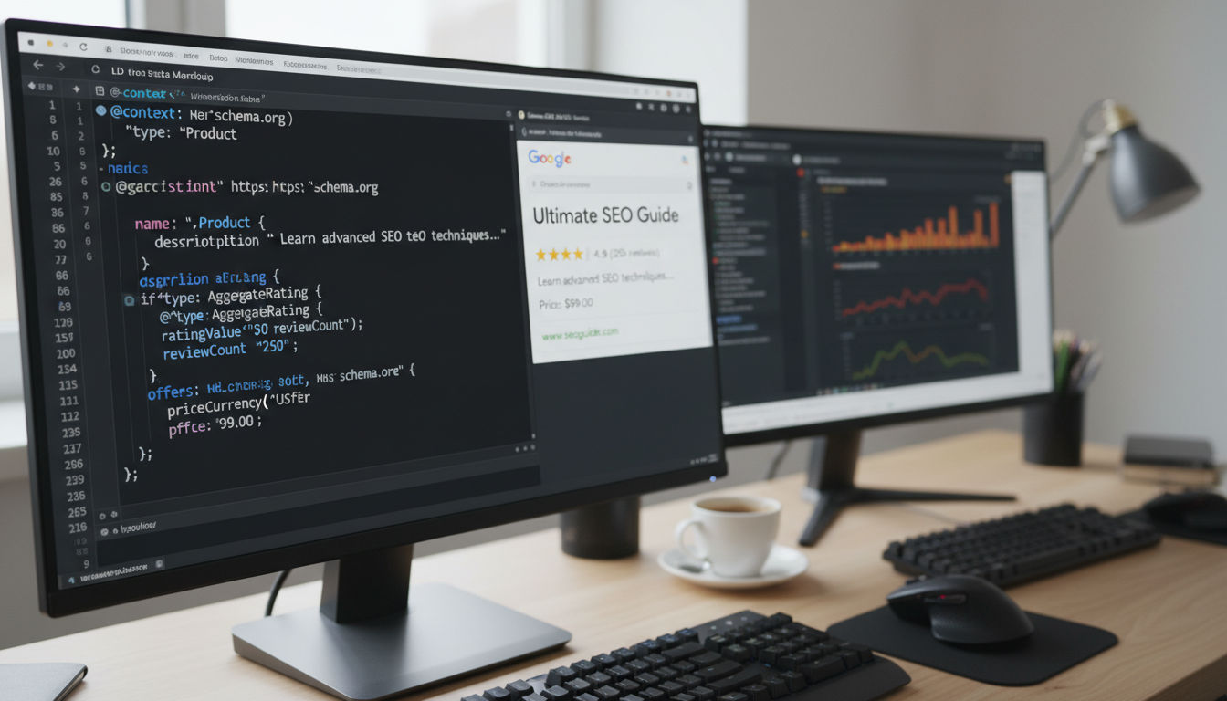 Schema markup code implementation showing rich snippet results in search