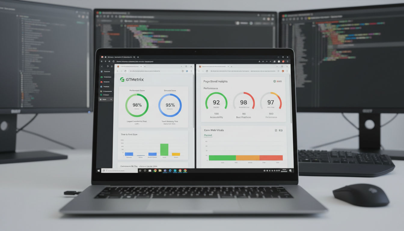 Speed testing tools including Google PageSpeed Insights and GTmetrix showing performance analysis