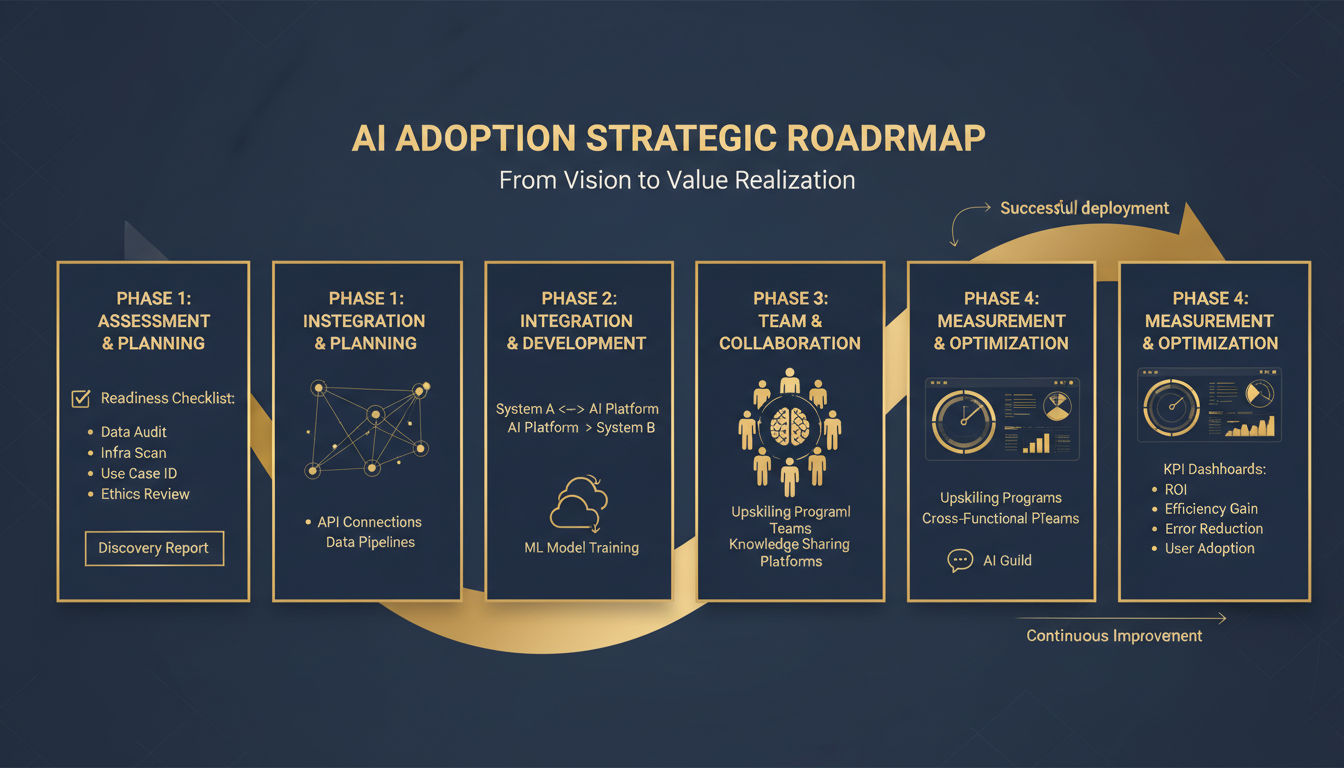 Strategic approach to implementing AI marketing tools with assessment, integration, and training phases