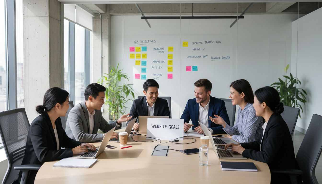 Team collaborating on website redesign goals and objectives during planning meeting