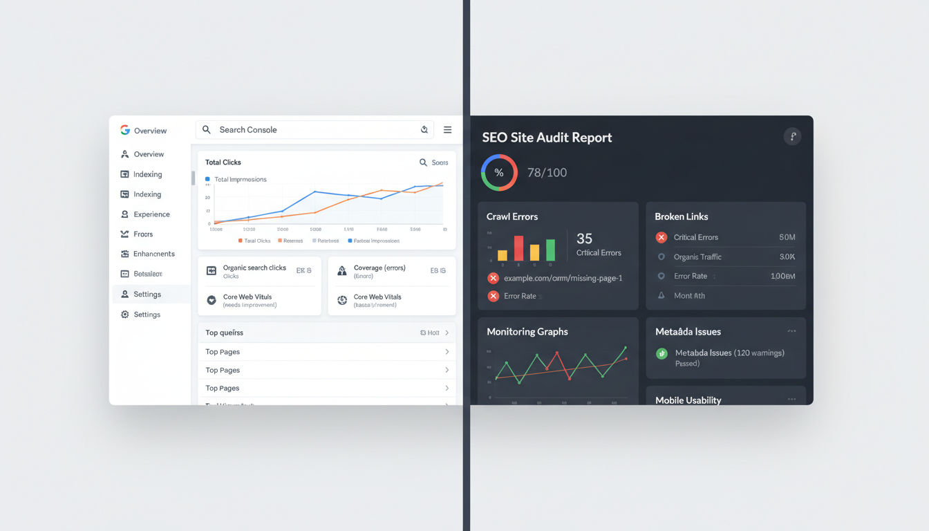 Tools for identifying 404 errors including Google Search Console and technical SEO audit platforms