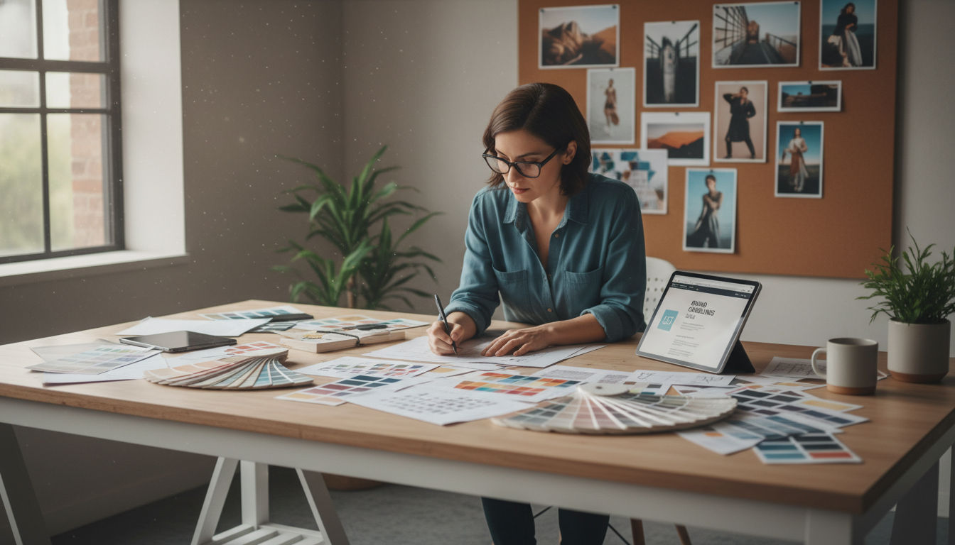 Traditional graphic design process showing professional designer developing brand identity