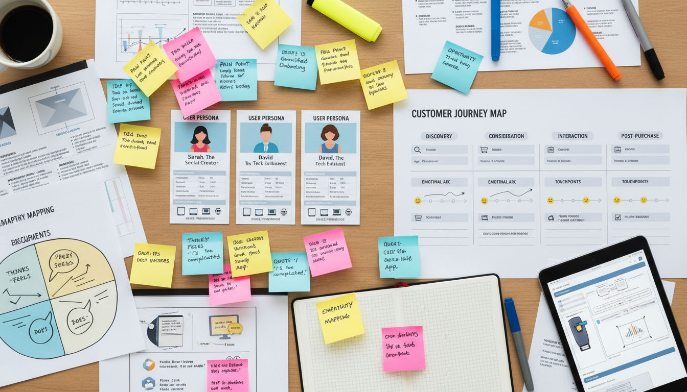 User research materials including personas and journey maps for website redesign planning