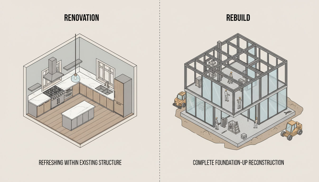 Visual comparison of website revamp versus redesign using house renovation metaphor