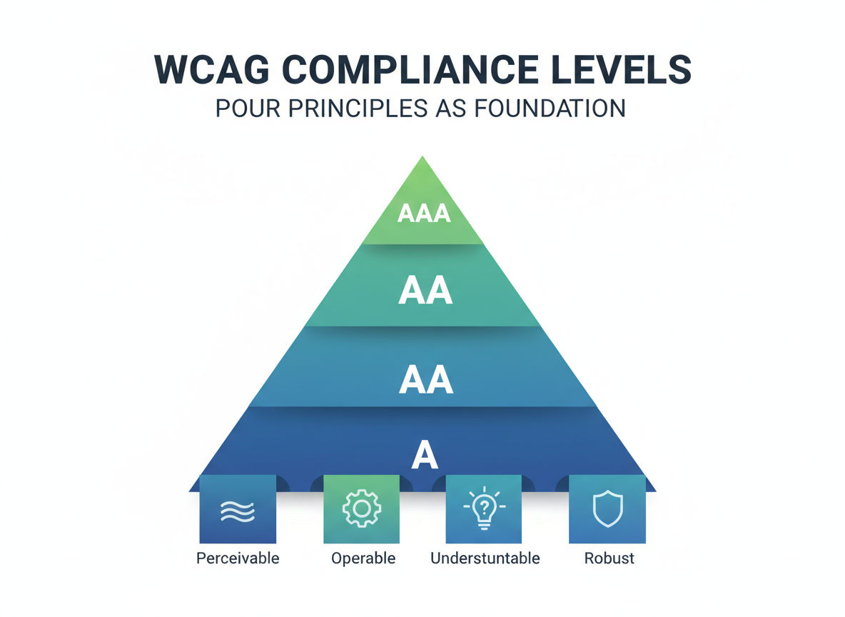 WCAG compliance levels A, AA, and AAA with POUR principles foundation diagram