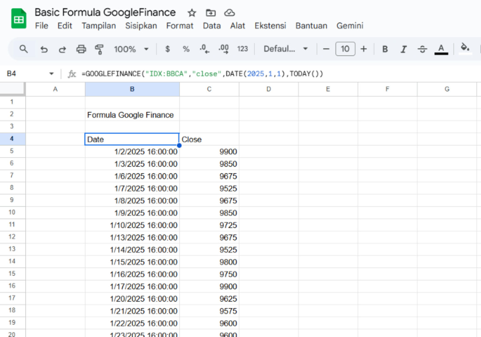 formula google finance data history