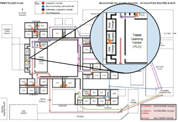 Floor plan of the school with an inset zooming in on the area containing the darkroom