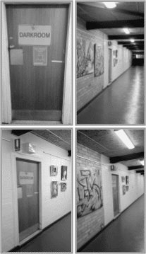 Four photographs taken along the corridor outside the darkroom, from the labelled door to a wider view down the hallway