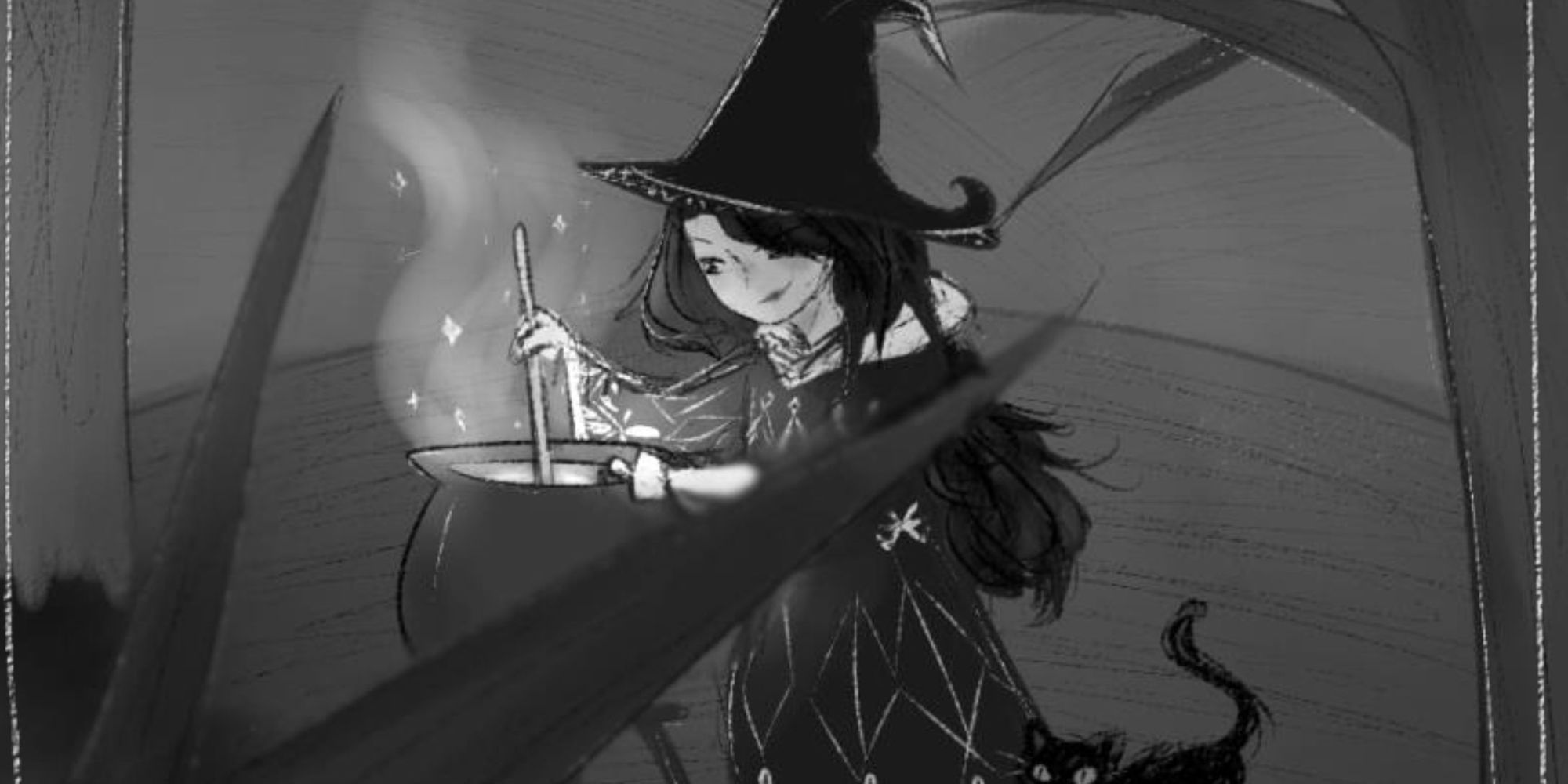 A black and white drawing of a witch stirring a cauldron