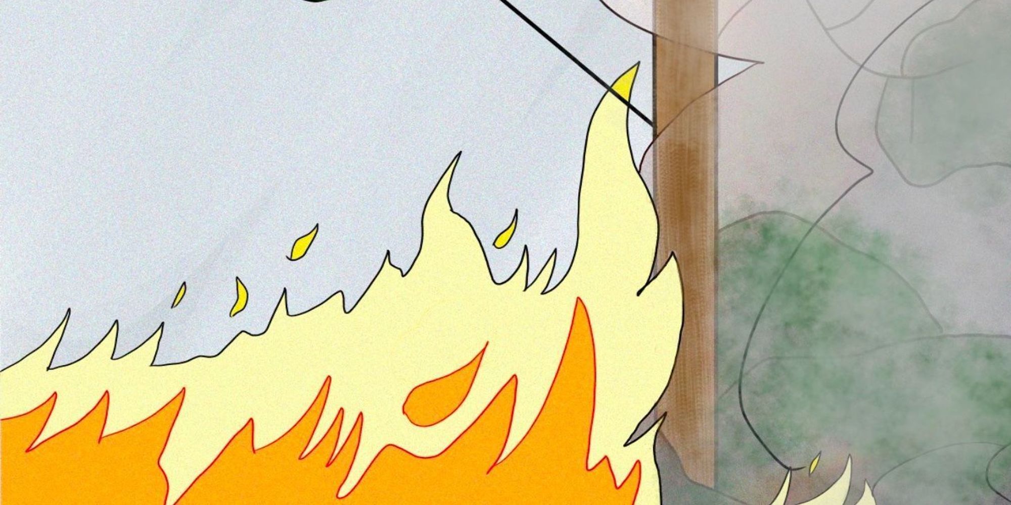 A cartoon of a forest fire with a tree in the background .