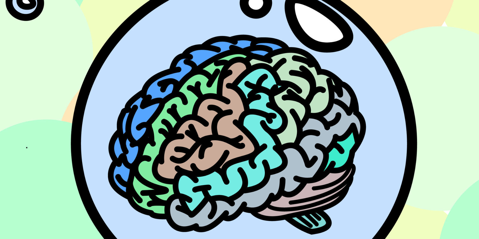 A drawing of a brain in a bubble.