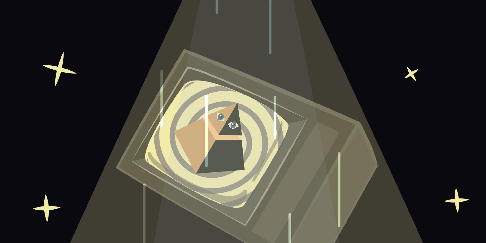 A cartoon drawing of a pyramid with a face on it