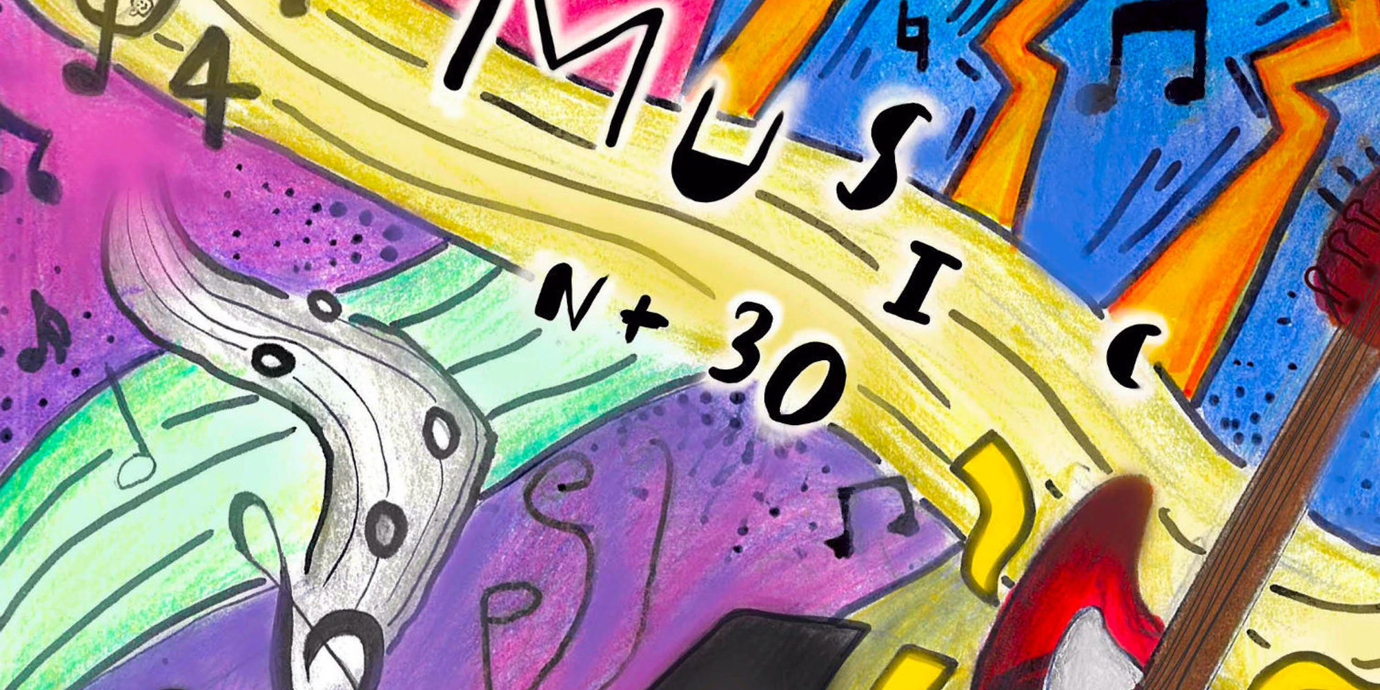 Colourful background with various instruments and musical notes with text "Music N+30 Baulko Bulletin"
