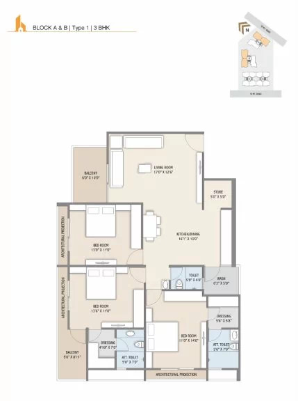 3BHK Type-1 Block A & B Plan