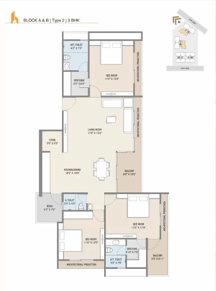 3BHK Type-2 Block A & B Plan