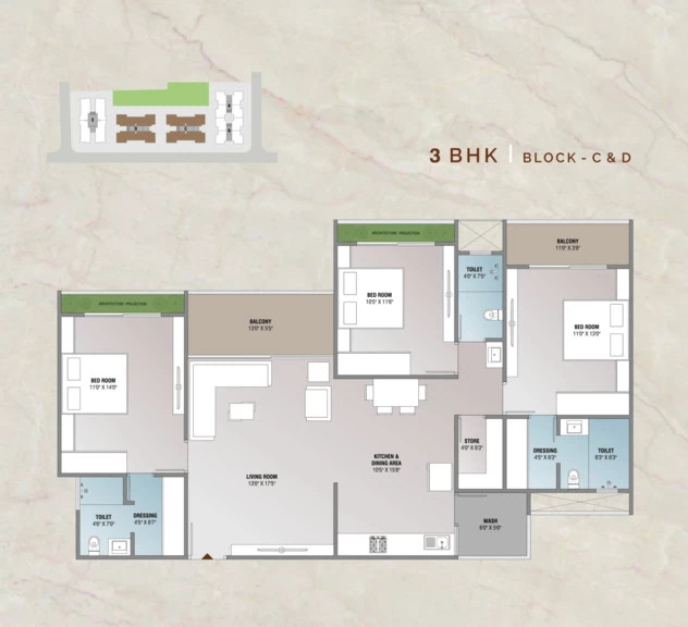 3BHK Block C & D Plan