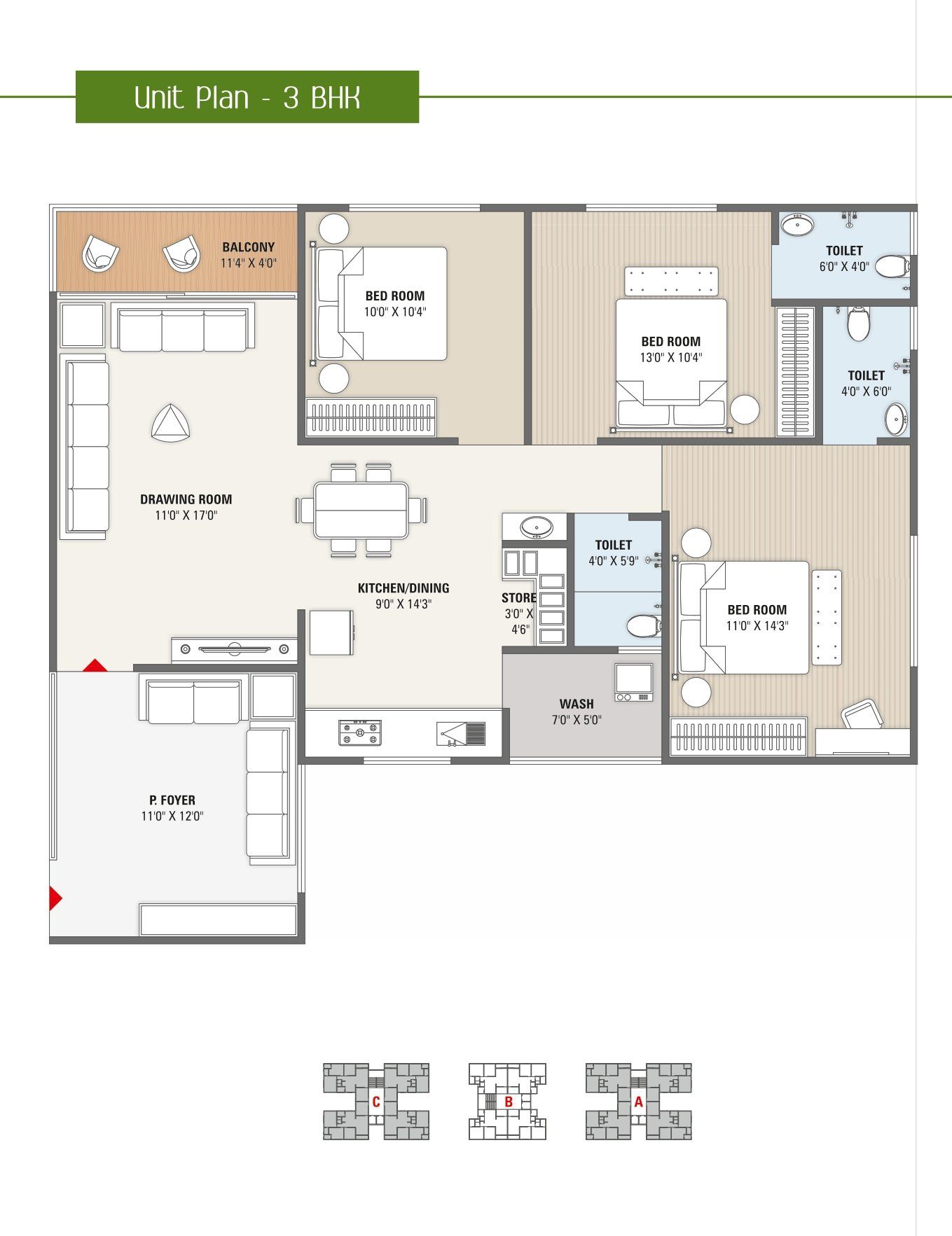 3BHK Unit Floor Plan