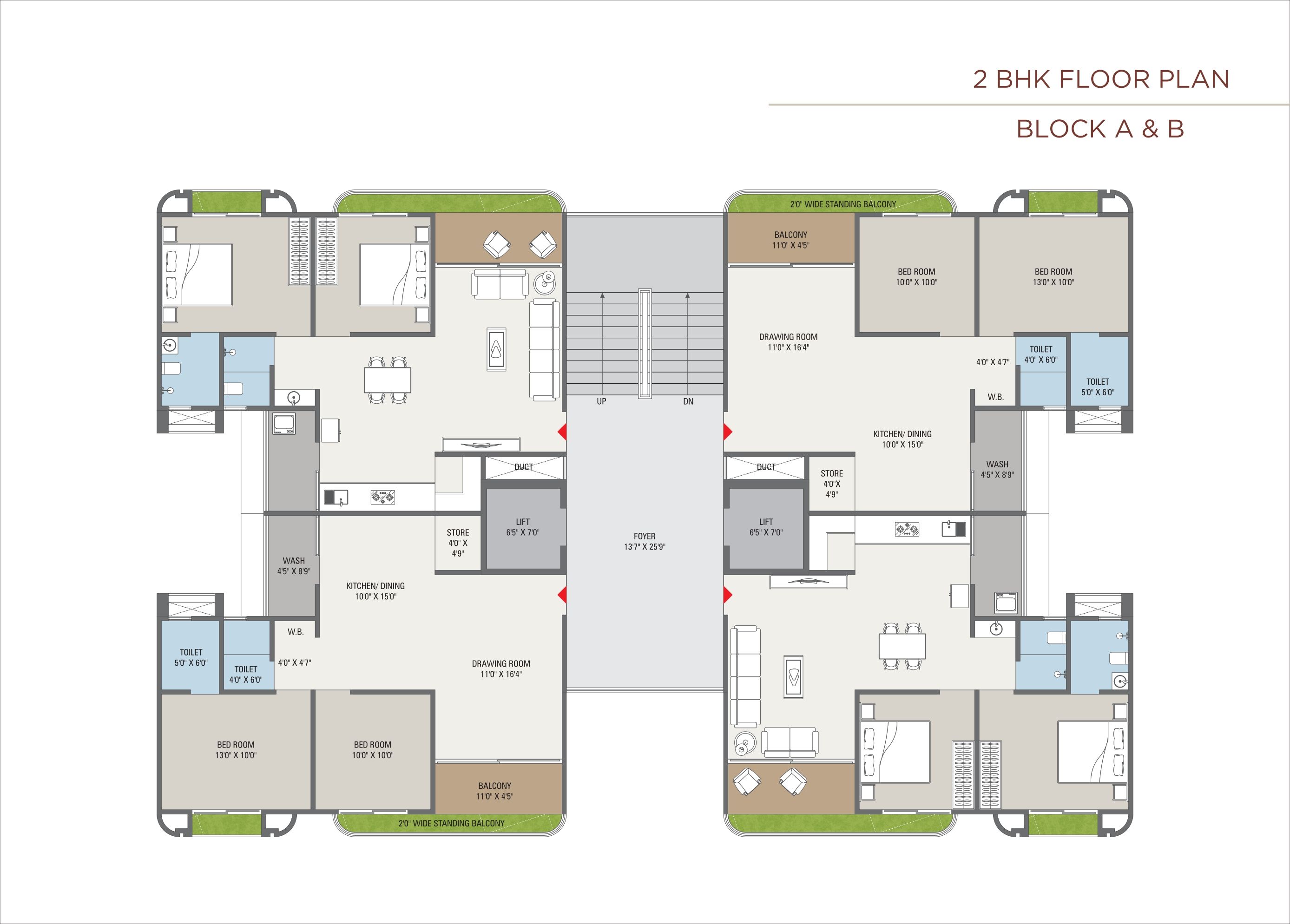 2BHK Floor Plan Block A & B