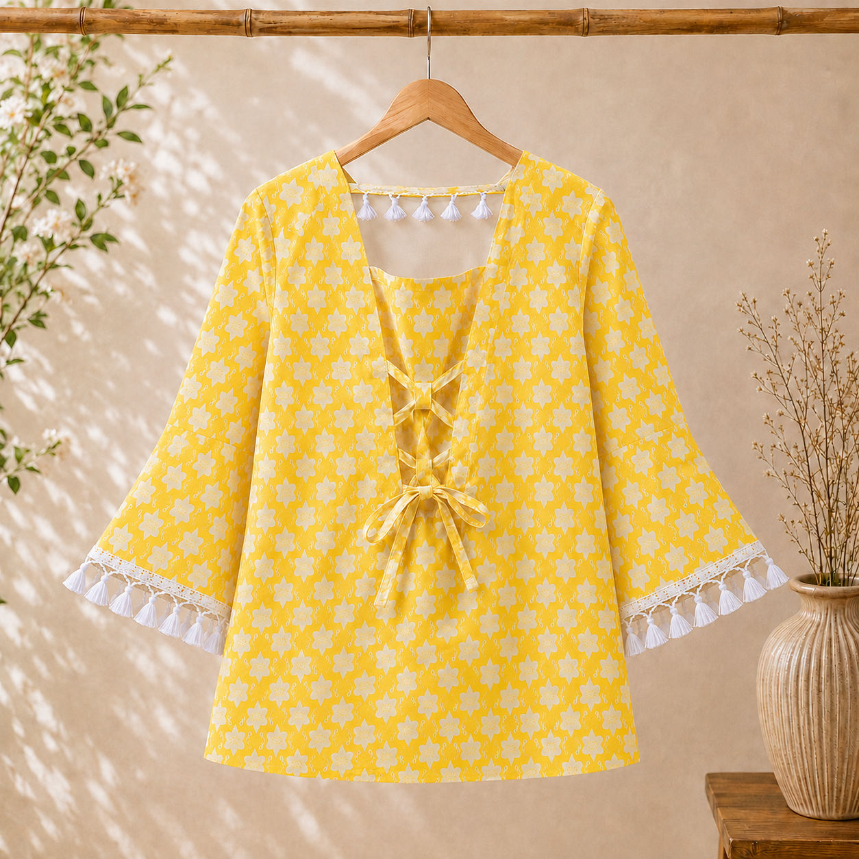 Elegant Floral Yellow Square Neck Kurti