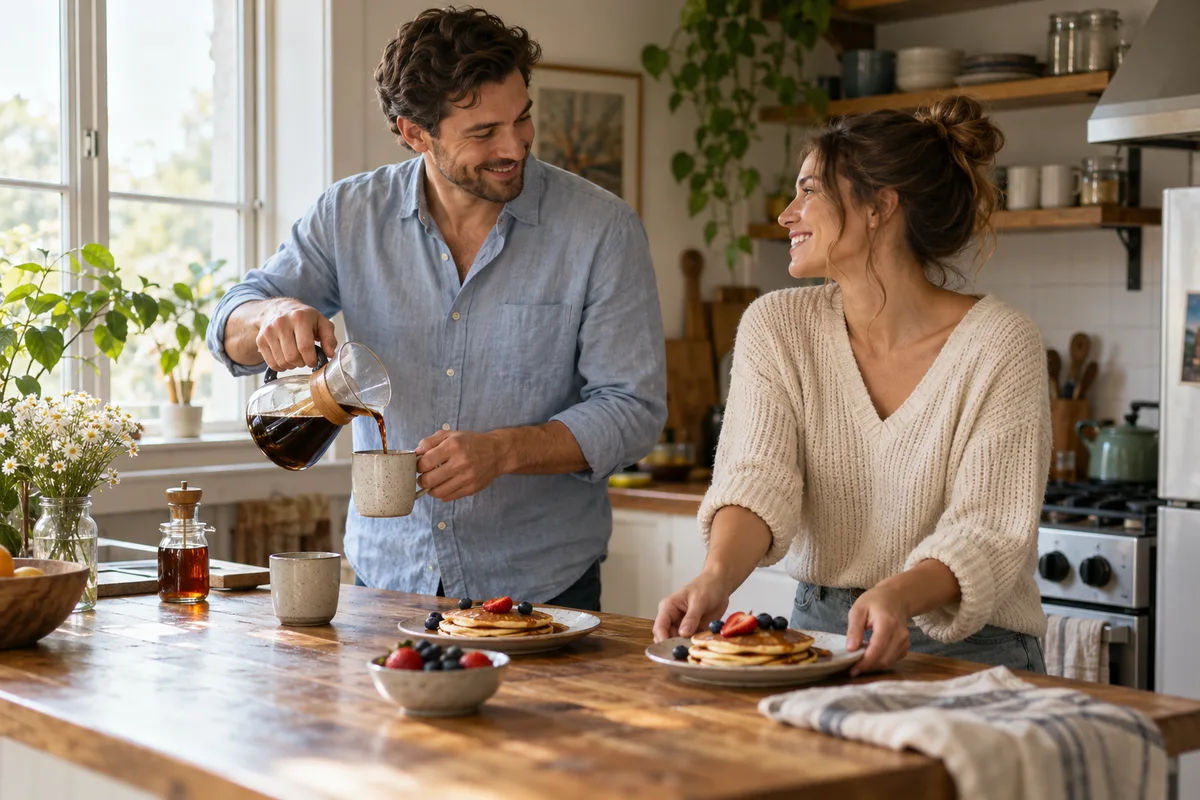 At-home engagement photo idea with a couple making breakfast together in a naturally lit kitchen