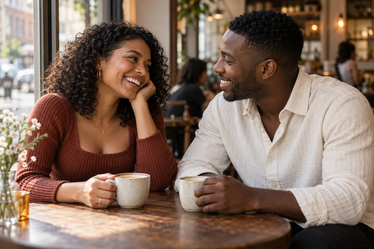 Caf茅 engagement photo pose with a couple angled toward each other over coffee beside a window